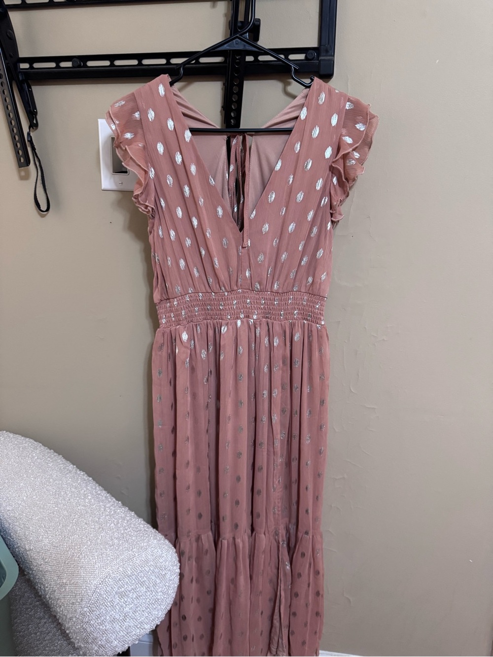 Ruffled sleeve V-Neck Metallic Dot Madi Dress - Dusty Rose